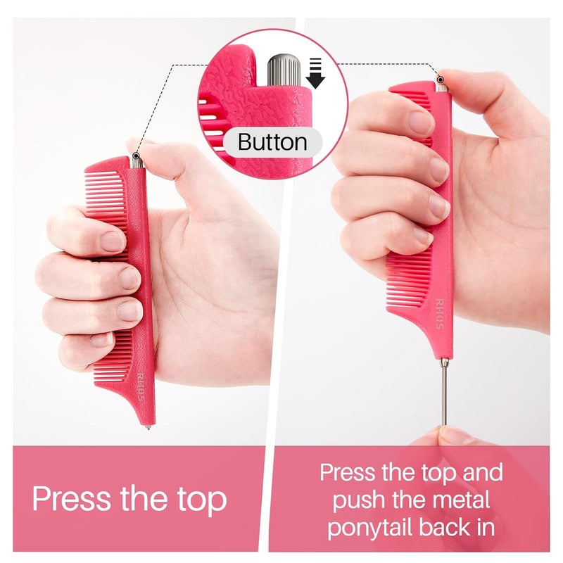 RHOS Retractable Fine Tooth Comb for Hair Parting, Styling, Cutting and Braiding - Carbon and Stainless Steel Pin Tail Comb (Pink) - Image 2
